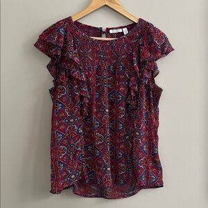 Anthropologie Meadow Rue Majolica short flutter sleeve red Blouse size 8